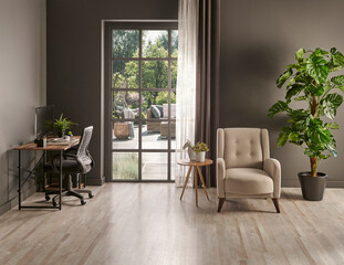 Decorative working room with table and computer style, office interior, table chair and frame style with lamp.