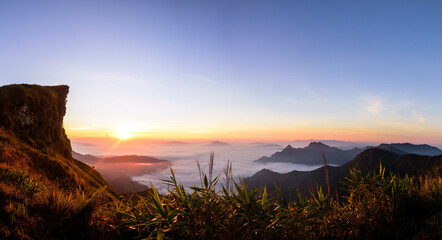 Panorama Beautiful landscape in sunrise of Phu Chi fa National Park. Chiang Rai Province, Thailand.