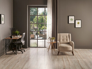Decorative working room with table and computer style, office interior, table chair and frame style with lamp.