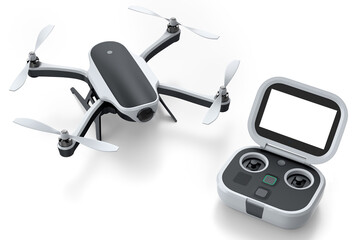 Photo and video drone or quad copter with action camera and remote on white