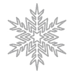 Snowflake. Snowflake made of silver tinsel. Festive ornament. Vector illustration. Isolated white background. A fragile crystal with an intricate shape. Frostwork. Snow flakes. Frozen star. 