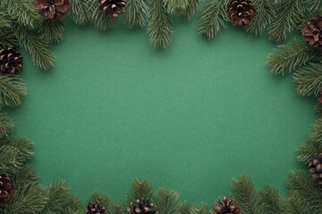 Top view photo of pine twigs with cones on isolated green background with blank space in the middle