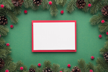 Fototapeta na wymiar Top view photo of red envelope and paper sheet christmas decorations pine branches with cones and red berries on isolated green background with blank space