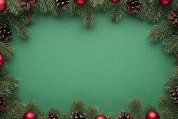 Fototapeta na wymiar Top view photo of pine branches with cones and red christmas tree balls on isolated green background with blank space in the middle