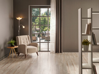 Grey wall background with window curtain and vase of plant, frame, lamp decoration with armchair style.