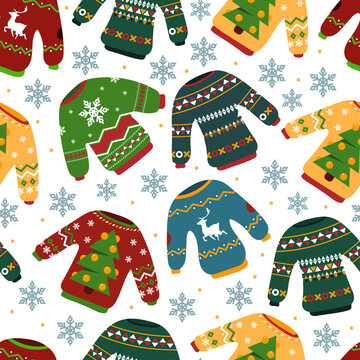 Christmas ugly sweater vector cartoon seamless pattern background for wallpaper, wrapping, packing, and backdrop.