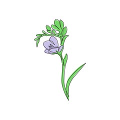 Single one line drawing of beauty fresh freesia for garden logo. Decorative of herbaceous flower concept for home wall decor poster print art. Modern continuous line draw design vector illustration