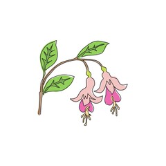 One continuous line drawing of beauty fresh fuchsia for home wall decor poster print art. Decorative shrubs flower plant concept for invitation card. Trendy single line draw design vector illustration