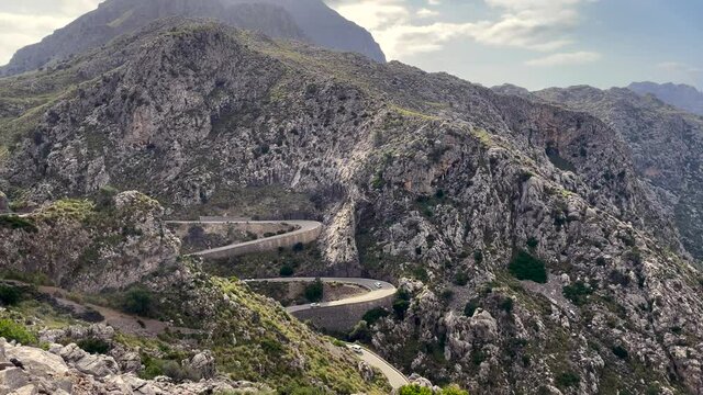 Road Trip Concept At Sa Calobra Roads, Mallorca, Spain, Tilt Up Aerial