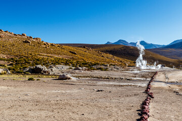 Fototapeta na wymiar Landscape of El Tatio geothermal field with geyers in the Andes mountains, Atacama, Chile