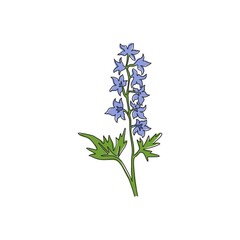 Obraz premium Single one line drawing beauty fresh larkspur for garden logo. Decorative of perennial delphinium concept for home wall decor art poster print. Modern continuous line draw design vector illustration