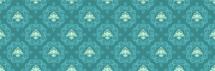 Background pattern with Christmas ornament on a blue green background for your design. Seamless background for wallpaper, textures. Vector illustration.