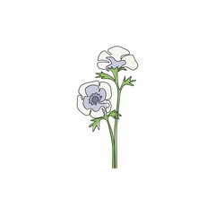 One continuous line drawing of beauty fresh anemone flower for home art wall decor poster print. Decorative perennial windflower for invitation card. Trendy single line draw design vector illustration