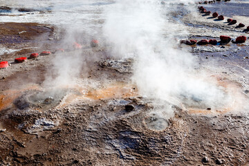 Landscape of El Tatio geothermal field with geyers in the Andes mountains, Atacama, Chile