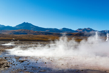 Landscape of El Tatio geothermal field with geyers in the Andes mountains, Atacama, Chile