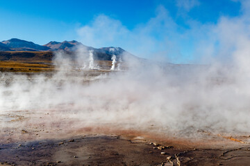Landscape of El Tatio geothermal field with geyers in the Andes mountains, Atacama, Chile