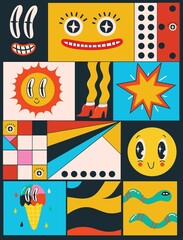 Big Set of Different colored Vector illustartions for posters in Cartoon Flat design. Hand drawn Abstract shapes, different texture funny Comic characters.