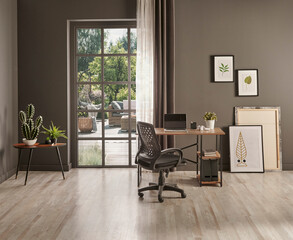 Decorative working room with table and computer style, office interior, table chair and frame style with lamp.