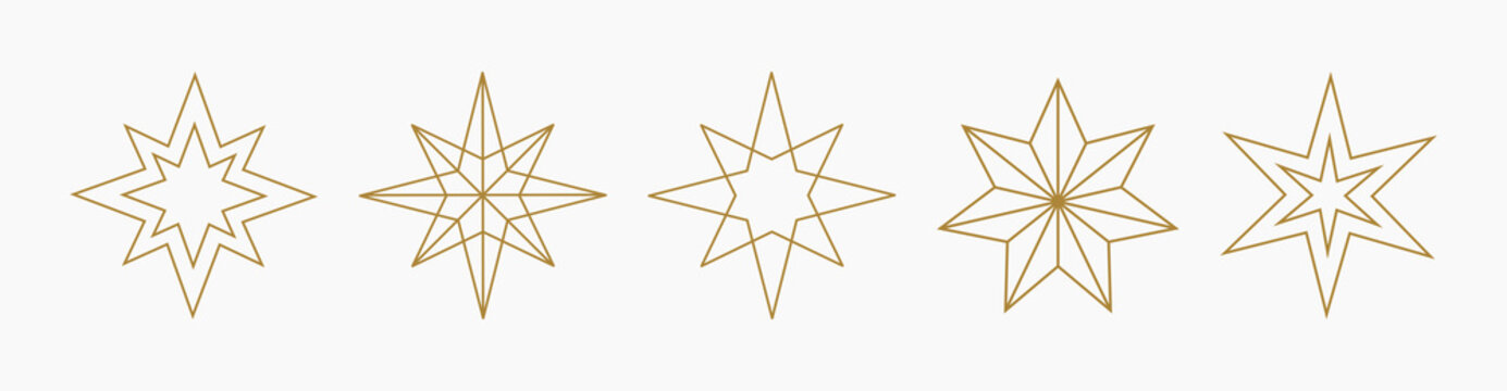 Gold Christmas stars line icons.