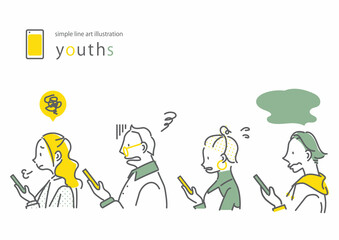 スマホに不満な若者4人セット　シンプルでお洒落な線画イラスト