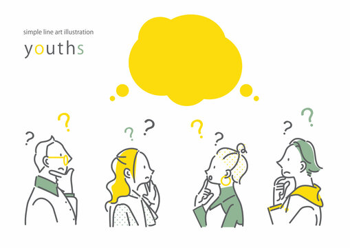 考える若者4人セット　シンプルでお洒落な線画イラスト