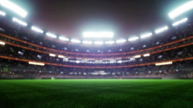 empty stadium arena with animated fans crowd in the night lights. waving flags around. High quality 4k footage render