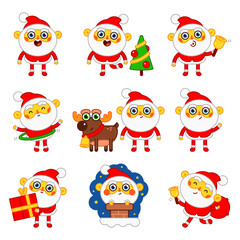 Funny Santa Claus in actions vector cartoon Christmas characters set isolated on a white background.