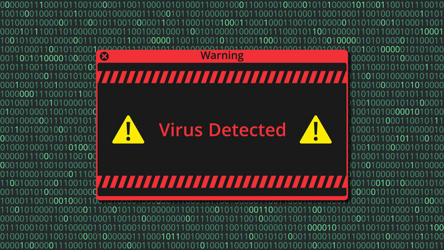Warning message on background of binary code with computer virus. Virus was detected, warning message. Vector illustration.