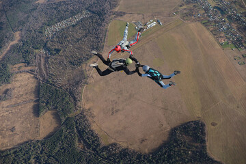 Skydiving. A team of skydivers is in the sky. Freefalling. 