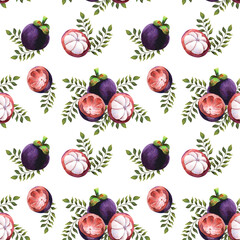 Watercolor pattern of tropical elements. Mangosteen and palm leaves.