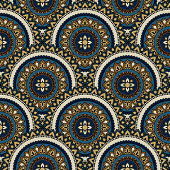 Abstract seamless mandala background. Texture in blue and brown colors. Oriental pattern for design, fashion print, scrapbooking