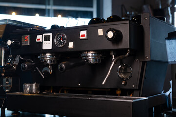close up of a professional coffee machine. loft dark coffee shop