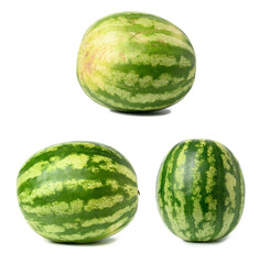 whole ripe round striped watermelon with yellow side isolated on white background, delicious summer berry