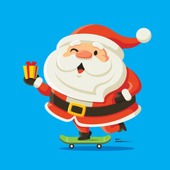 Merry Christmas. Cute and chubby Santa Claus deliver Christmas gift by ride a skateboard. Santa Claus character 
