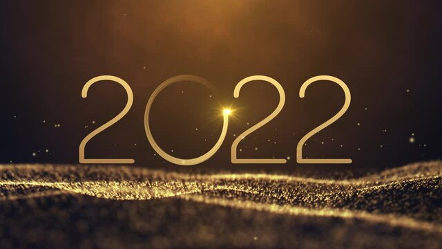 Happy new year 2022 neon animation. Shiny golden gradient numbers 2022 on glittering and sparkling wave. New Year background.