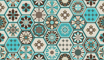 Seamless geometric pattern in retro style. Hexagonal tile pattern.
