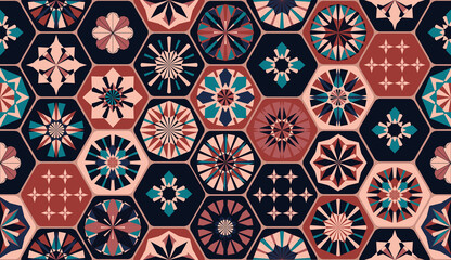 Seamless geometric pattern in retro style. Hexagonal tile pattern.