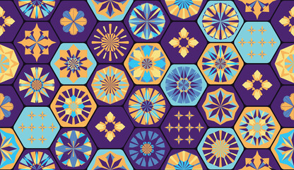 Seamless geometric pattern in retro style. Hexagonal tile pattern.