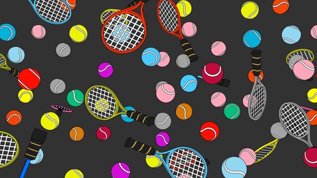 Toon style colorful tennis balls and tennis rackets on gray background.
3D illustration for background.

