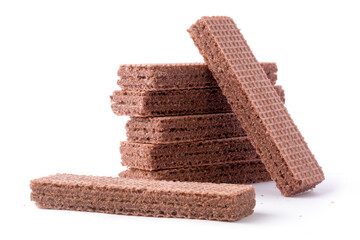 chocolate flavored wafers, crispy, light, thin and flat brown biscuits with textured surface, closeup isolated white background