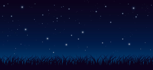 Fototapeta premium Blue dark night sky with lot of shiny stars and grass ground silhoutte background