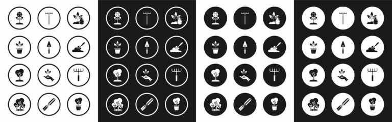 Set Watering plant, Garden trowel spade or shovel, Flowers pot, the ground, rake, and Tree icon. Vector