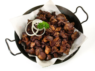 Deep Fried Meat in a Pan isolated on white Background