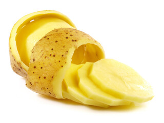 Peeled Potato with Potato Slices isolated on white Background