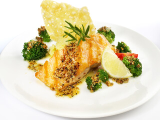 Grilled Salmon Steak with Broccoli, mashed Potatoes Cheese Cracker isolated on white Background