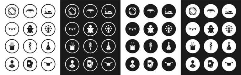Fototapeta premium Set Bumper car, Ghost, Carnival garland with flags, Ticket, Ferris wheel, Jumping trampoline, Party hat and Magician rabbit ears icon. Vector