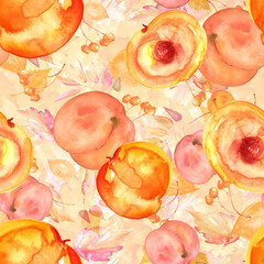Watercolor seamless pattern from a set of fruit - peach, apricot, yellow plum, cherry plum. Peach with a bone, slices.prune, apricot. Peach branch with green leaf. floral pattern of leaves, berries