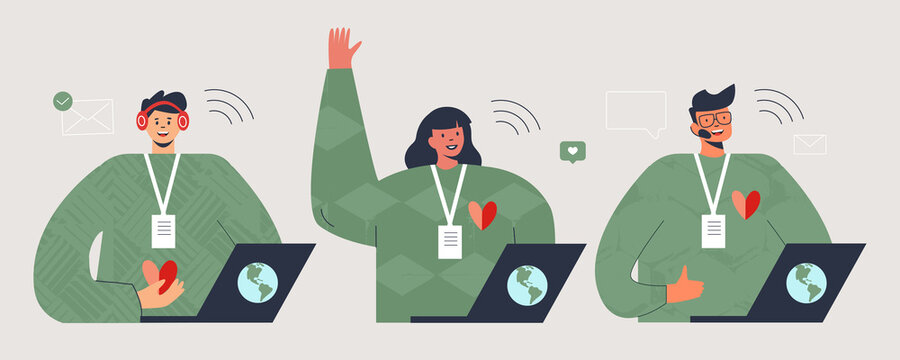 International volunteer day and virtual volunteers community concept. Group of young diverse people with charity online service. Global teamwork and unity. Flat vector cartoon illustration banner