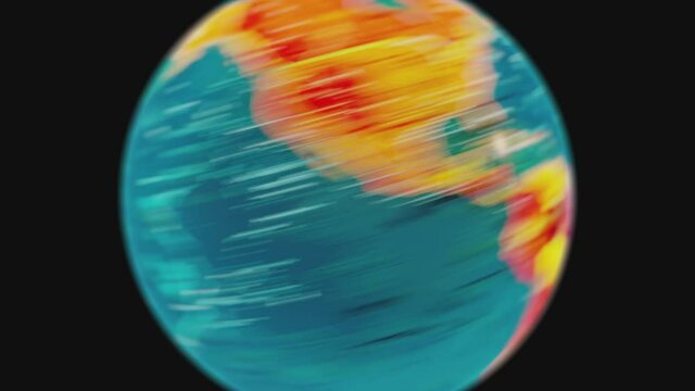 Fast rotating colorful glowing earth globe on black background. Visual loop.