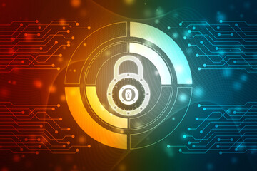 Digital Padlock on abstract technology background, Technology security concept. Modern safety digital background. Protection system, Cyber Security and safety information, personal data concept.
